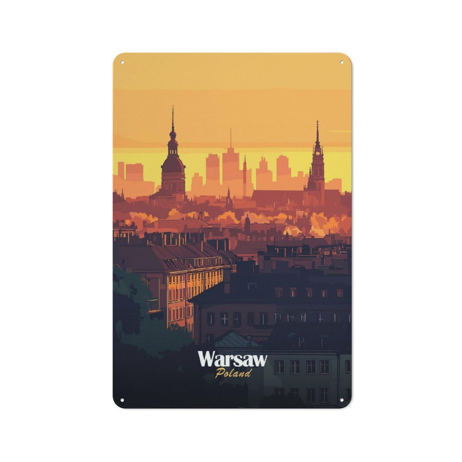 Industrial Metal Sign with Warsaw Skyline Sunset Design 30x20cm, Modern Retro Loft Wall Plaque for Workspace, Cafe, Hallway Or Garage