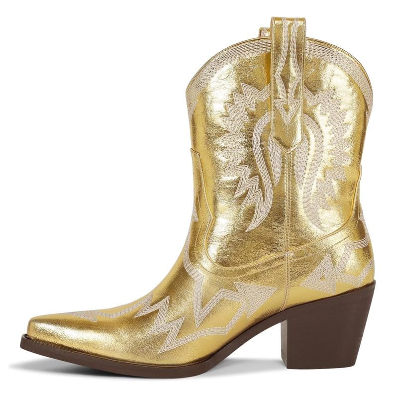 Image of HOCHFART Western Boots for Women Metallic Embroidered Pointed Toe Cowgirl Boots Chunky Heel Pull-On Short Cowboy Boots Wide Calf Country Ankle Boots