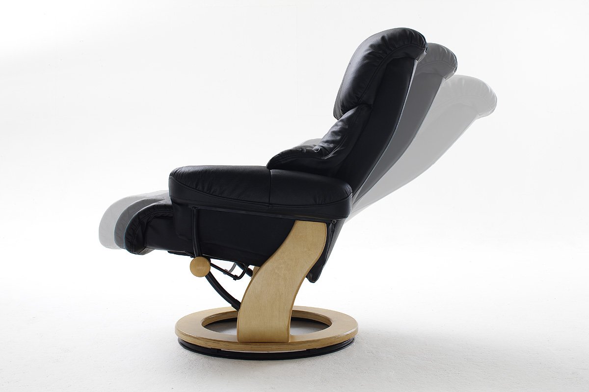 Robas Lund Relaxsessel Calgary mit Hocker, bis 130 kg belastbar, drehbarer Fernsehsessel mit Liegefunktion, Echtleder schwarz, Gestell Holz walnuss
