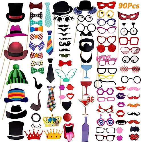 90 Piezas Atrezzo para Fotomatón, Comius Sharp Fiesta Selfie Props - Funny Weird Wedding Photo Set Up Props Birthday Party Supplies Decoration Set For Adult Kid, KE-PHOTOPROPS90