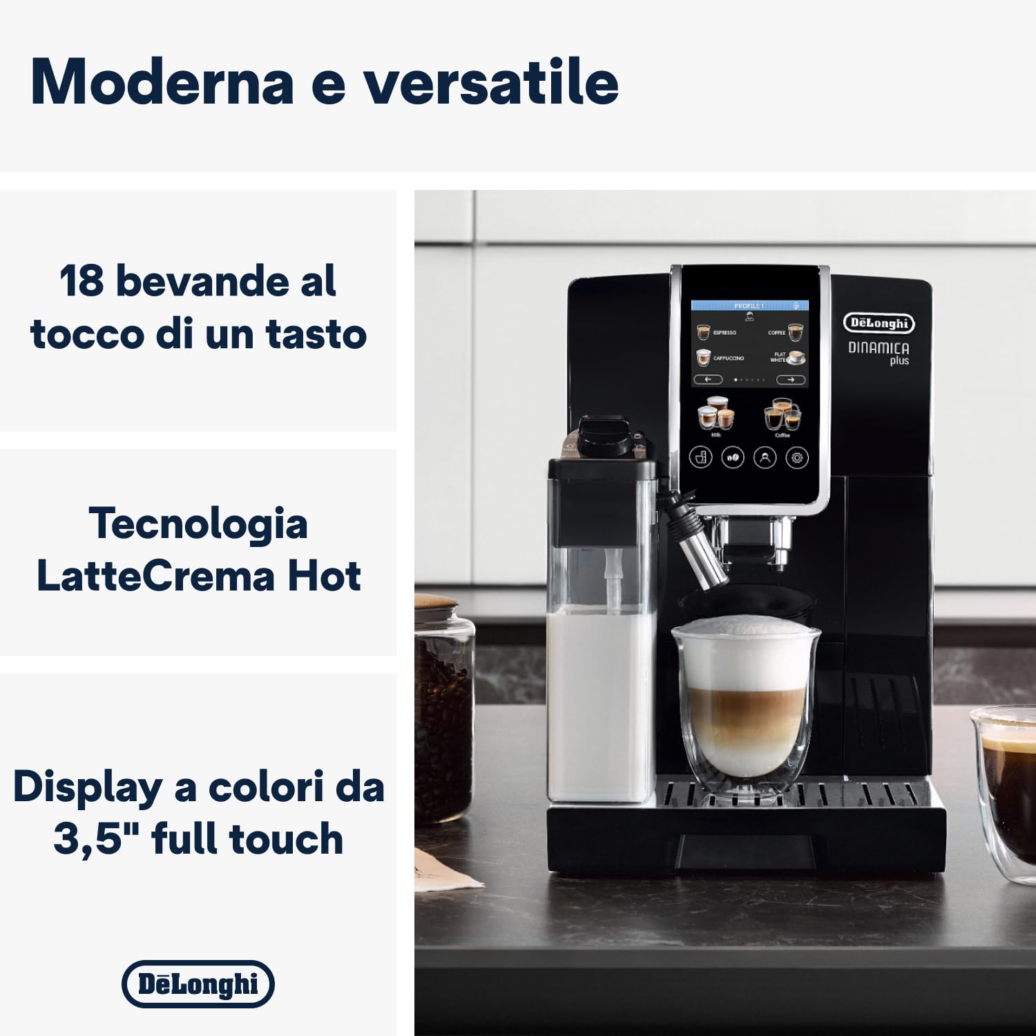 De'Longhi Dinamica Plus ECAM382.70.B, Macchina Automatica per Caffè in Chicchi, Macchina Cappuccino con Tecnologia LatteCrema, Macchina Espresso con 18 Ricette, Schermo TFT 3,5", 1450W, Nero