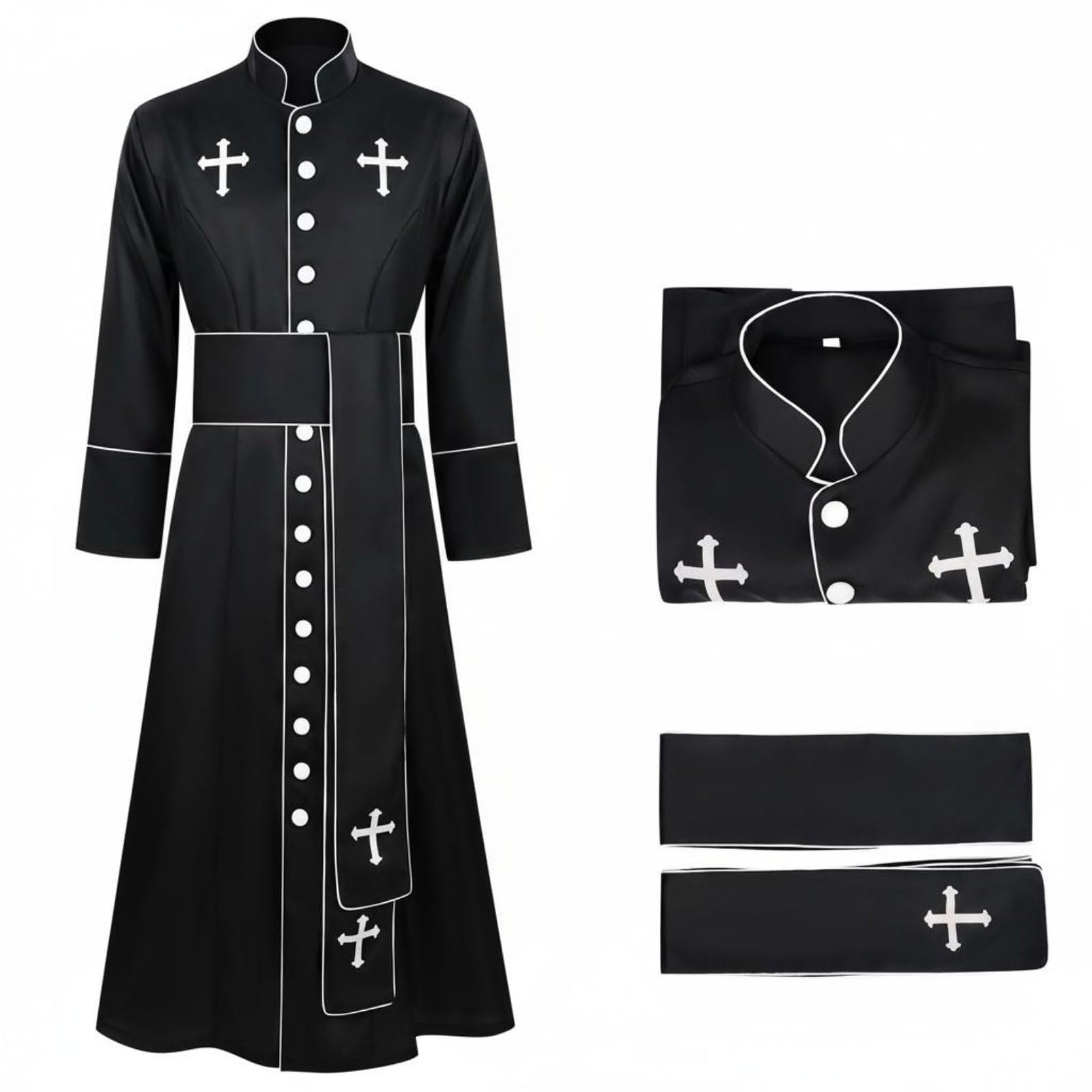 Colcolo Priest Robe Long Sleeve Cassock Button Down Stand Collar Cleric Uniform Cross Print Belt Polyester Material Suitable for Men Women Halloween Party Stage Performance, Black, Xl