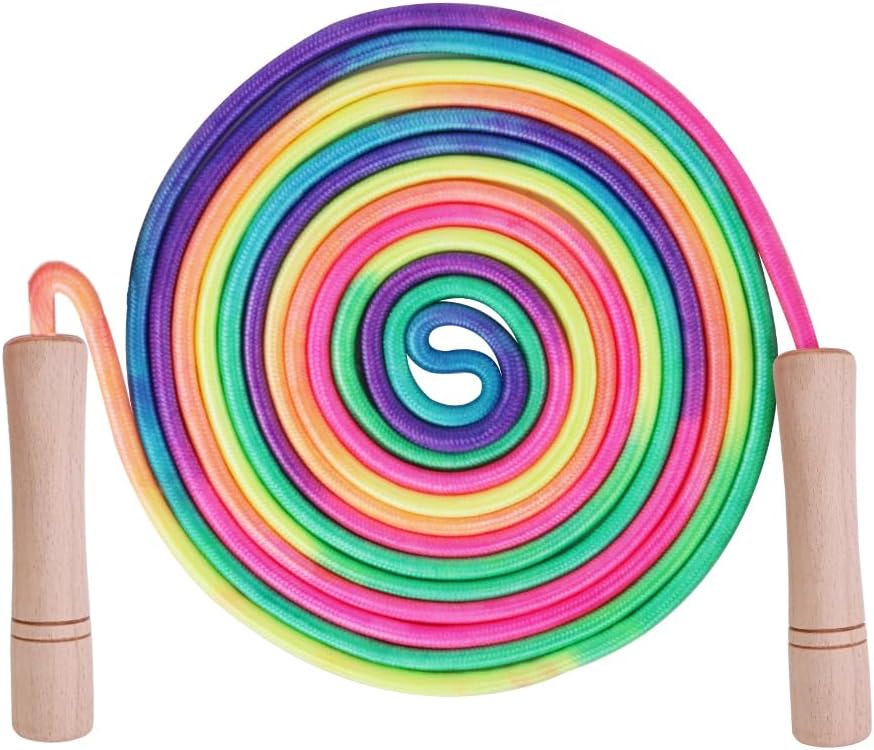 16 FT Double Dutch Jump Rope for Kids, Adjustable Rainbow Skipping Rope with Wooden Handles, Perfect for Fitness, Outdoor Fun, School Sports, and Party Games
