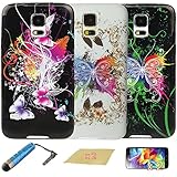 KooJoee(TM) Amazing Newly Combo Protective Cases - Bundle of 3 Pieces Soft Rubber Skin TPU Gel Cases Covers For Samsung Galaxy S5 / Galaxy SV + One KooJoee Stylus + Two Screen Protectors + Two Microfiber Cloth ,White Colorful Butterfly / Black Colorful Butterfly /Black Pink Purple Butterfly Pattern