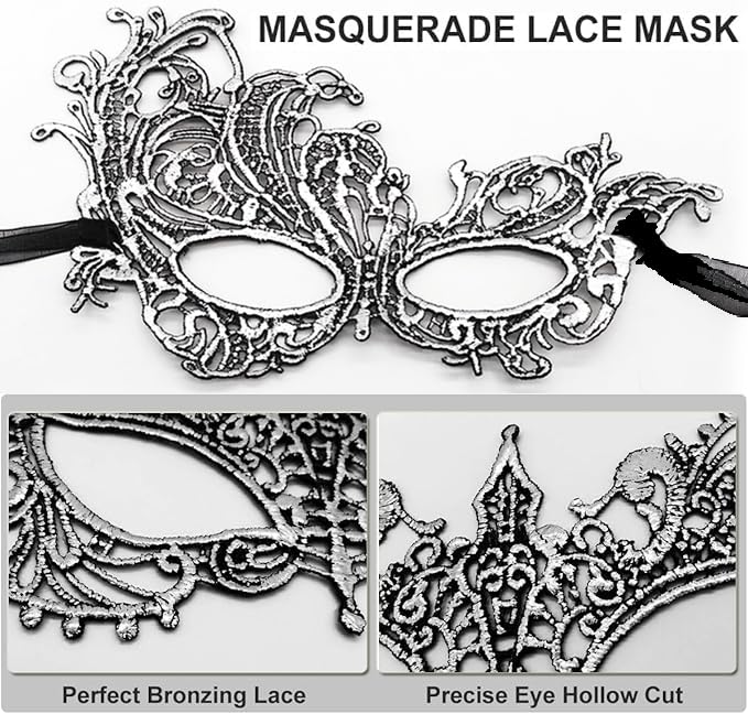 MZinge Masquerade Mask for Couple Men Venetian Mask for Halloween Lace Masque Costume Eyemask Party Prom Ball Mardi Gras (SILVER) - Image 2