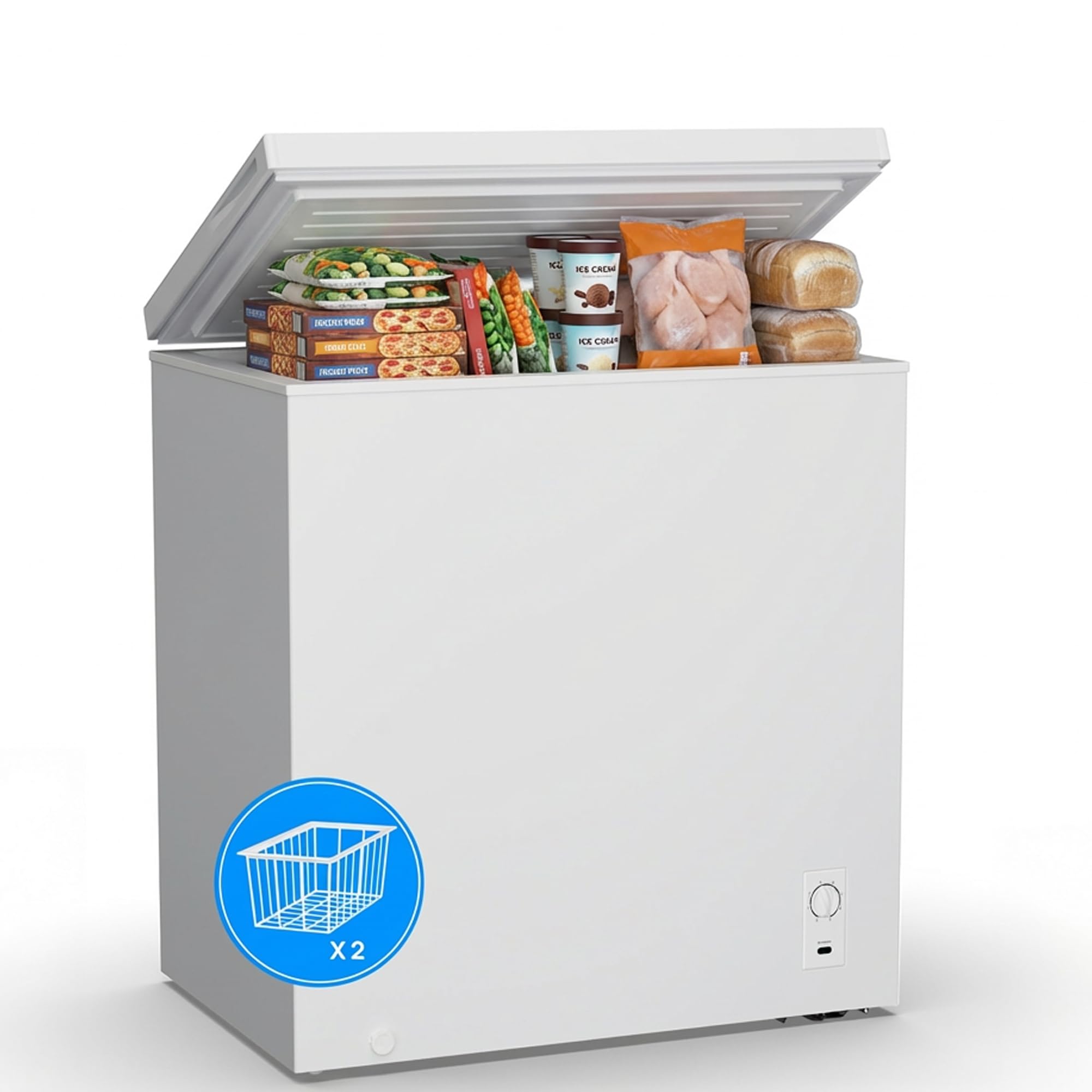5.1 Cu.Ft Chest Freezer, Small Compact Deep Freezer with Adjustable 7 Thermostat,2 Removable Baskets, Energy Saving, Quiet Top Open Door Mini Meat Freezer with LED Light for Garage Outdoor Home Office