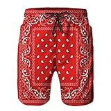 Amextrian Mens Quick Dry Swim Trunks with Mesh Lining,Red and White Paisley Bandana,Summer Surf Long Beach Pants Board Shorts Bathing Suits XL