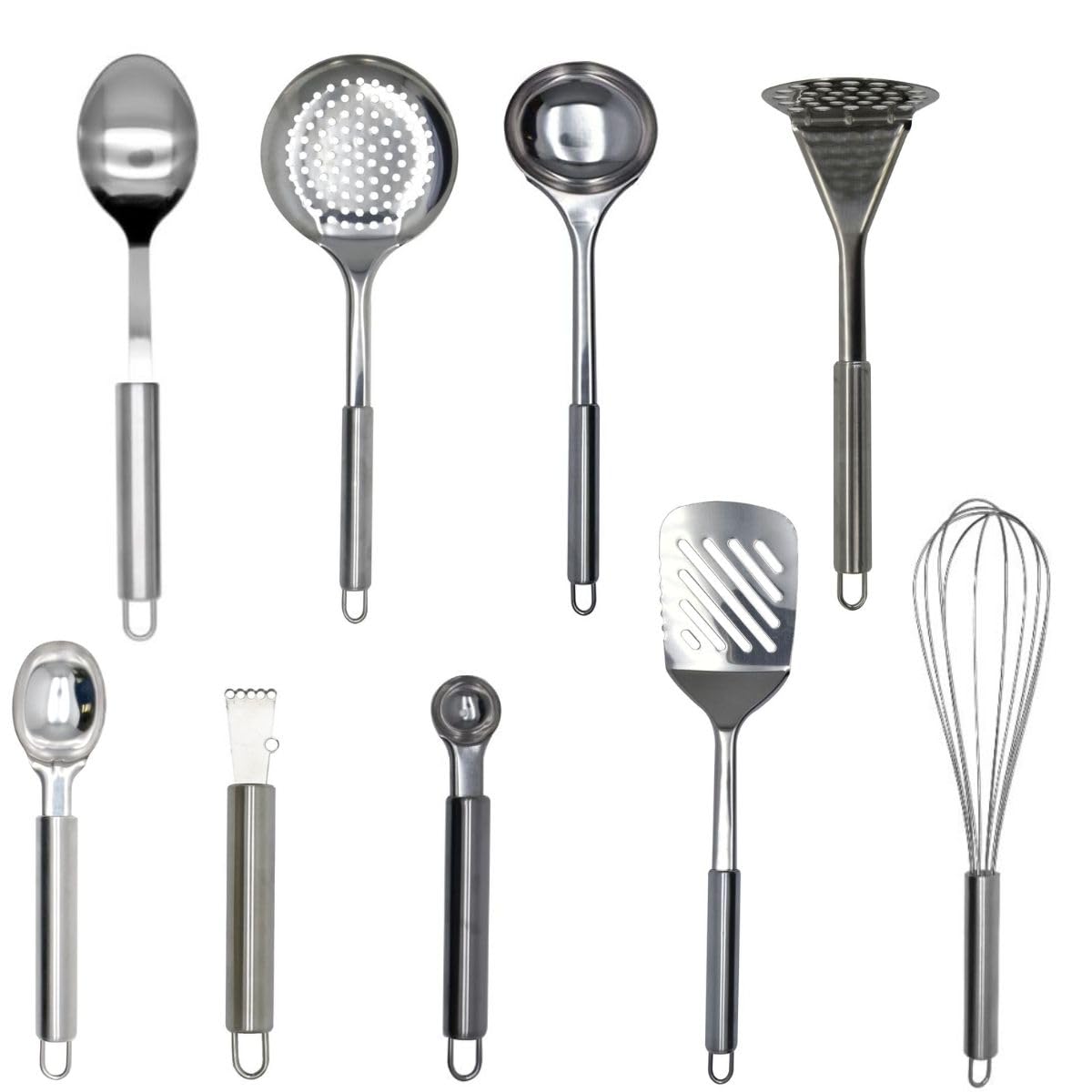 Fackelmann 9990450 Ensemble d'ustensiles de cuisine, 9 pièces, zesteur, cuillère à glace et melon, écumoire, louche, presse purée, fouet, cuillères, Acier inoxydable, De 16 à 33,​5 cm