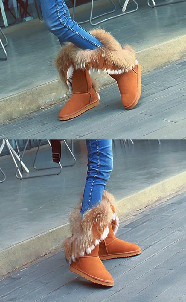 APHNUS Womens Mid Calf Boots Cow Leather Fur Snow Boots 9.5 Brown