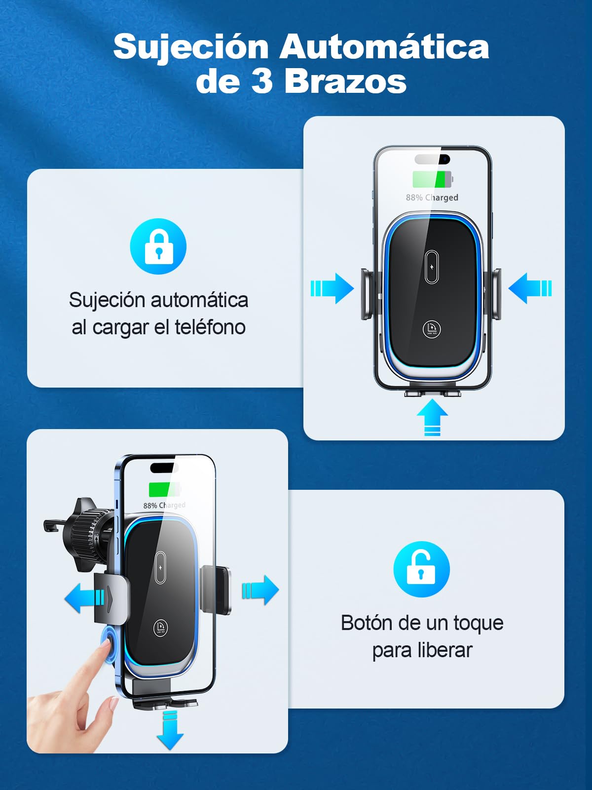 Mohard Cargador Inalámbrico Coche [Sujeción Automática], 15W Inducción Carga Rápida Soporte Movil Coche con Cargador Coche, Compatible con iPhone 17/16/15/14/13/12/11, Galaxy ZFlip5/4/3/S25