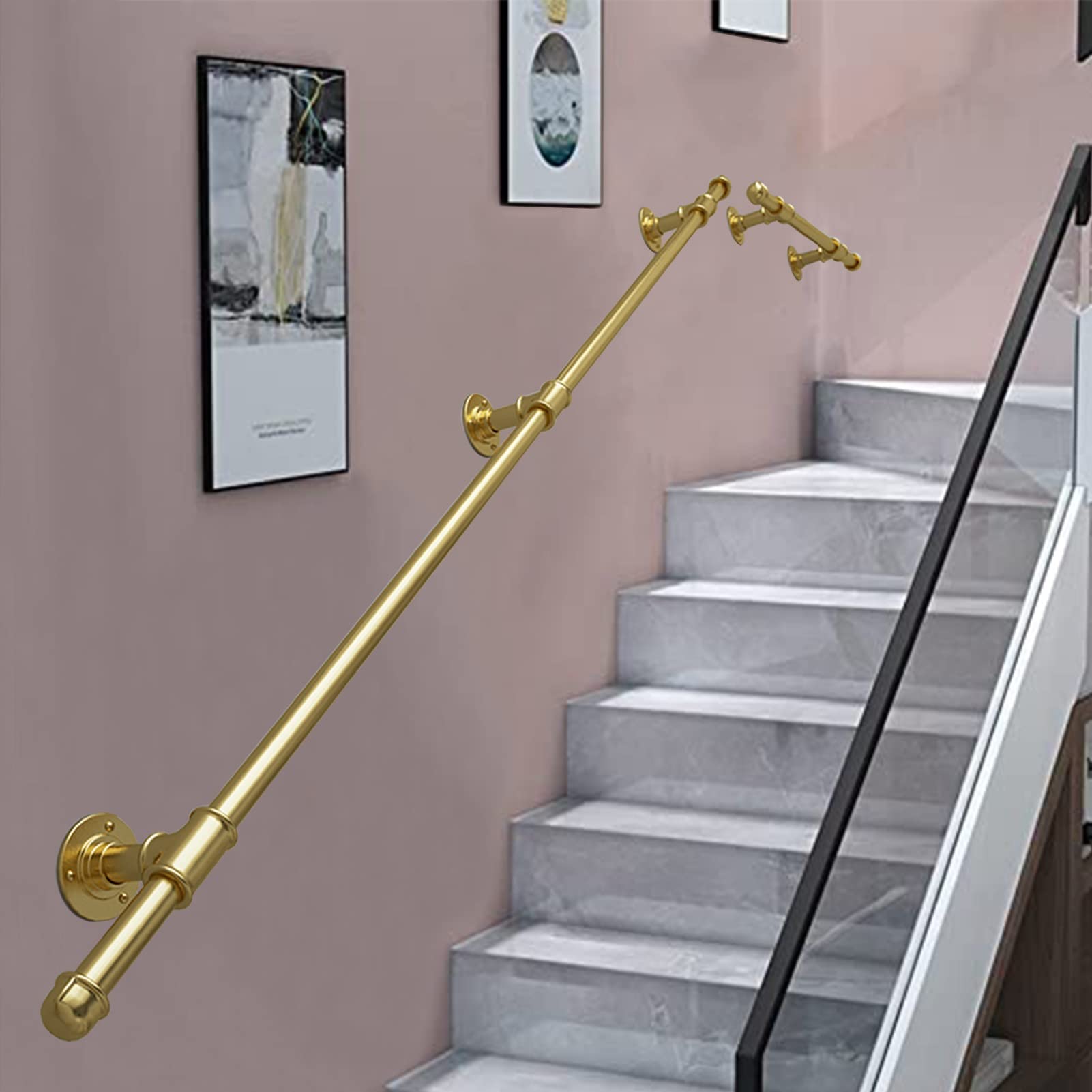 Gyeqxkt Gold Metal Wrought Iron Outdoor Grab Rail 8.2Ft Staircase Banister Railing Wall Safety Handrail Support Kit Durable Armrest Balustrade Foot Rail For Exterior Use