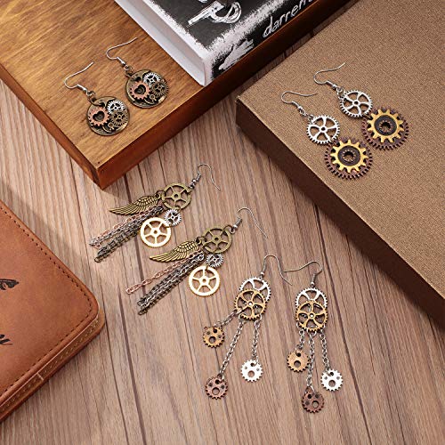 Hicarer 8 Pairs Steampunk Earrings for Women Vintage Drop Gear Earrings Dangle Antique Clockwork Mix Tone Steampunk Accessories Steam Punk Jewelry for Women Halloween Cosplay 6