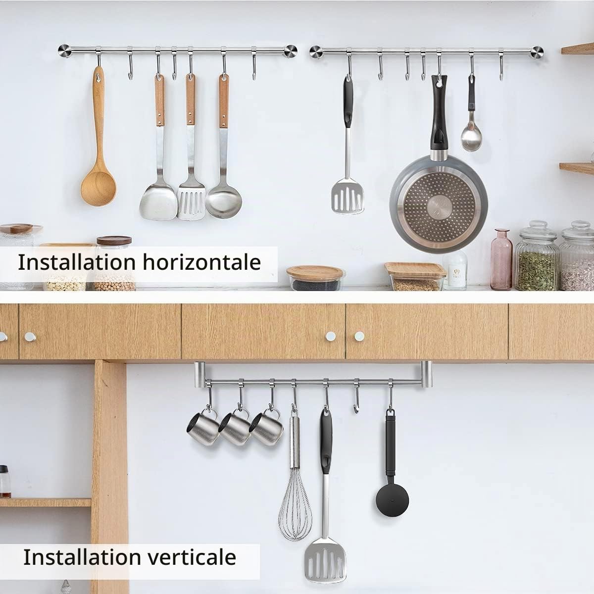Rack suspendu à vaisselle avec 8 crochets amovibles - Rail de cuisine - En acier inoxydable - Fixation murale - Manteau - Chapeau - Bar - Organiseur pour outils suspendus, couteaux