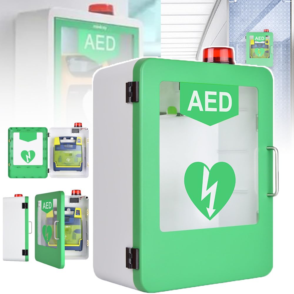 Armadietto per Defibrillatore Semiautomatico Esterno (Dae) - Contenitore a Parete Con Allarme E Luce Di Emergenza, Cassetta Pronto Soccorso a Parete, Design Con Angoli Arrotondati,Green