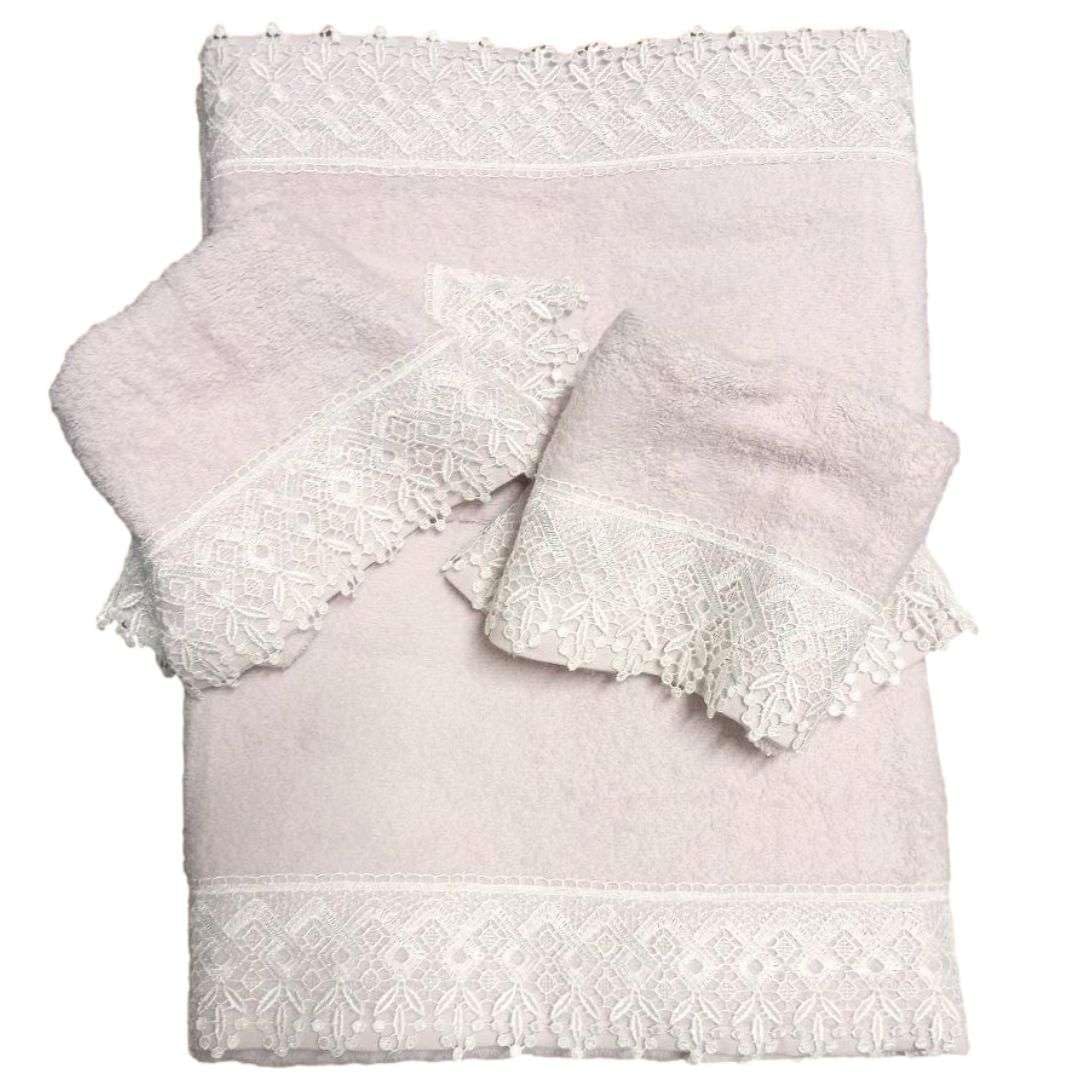 RICAMI FIORENTINI BALDI Set asciugamani con pizzo macramè, spugna di cotone 100% 420 gr/mq, 5 pezzi: 2 viso+2 ospite + 1 telo doccia. Idea regalo. Prodotto artigianale toscano (5 pezzi, rosa)