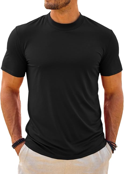 Makkrom Mens Mock Turtleneck Tshirts قمصان صيفية قصيرة الأكمام، قمصان أساسية، قمصان بلوفر صلبة غير رسمية