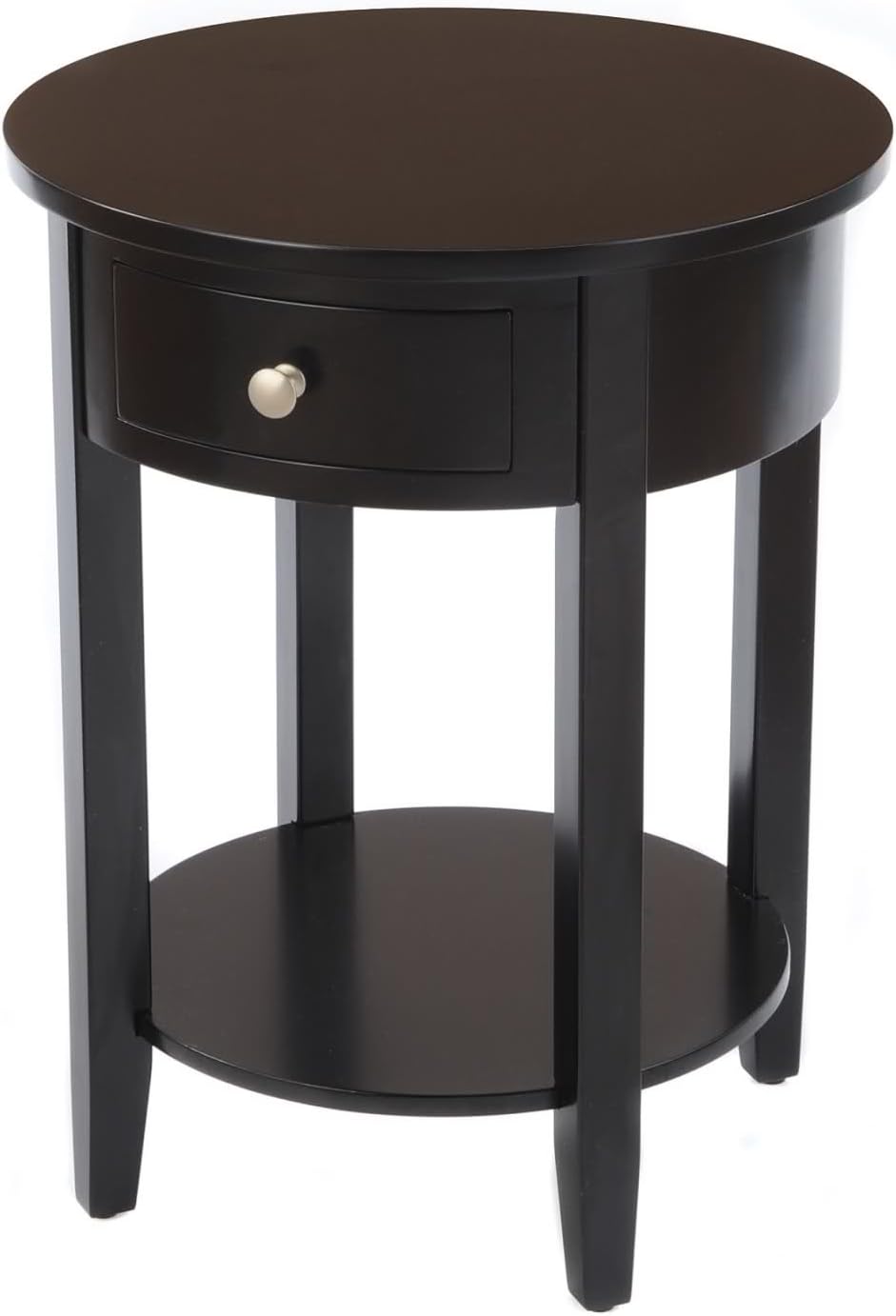 Round Side Table with Wood Top and Drawer, Black