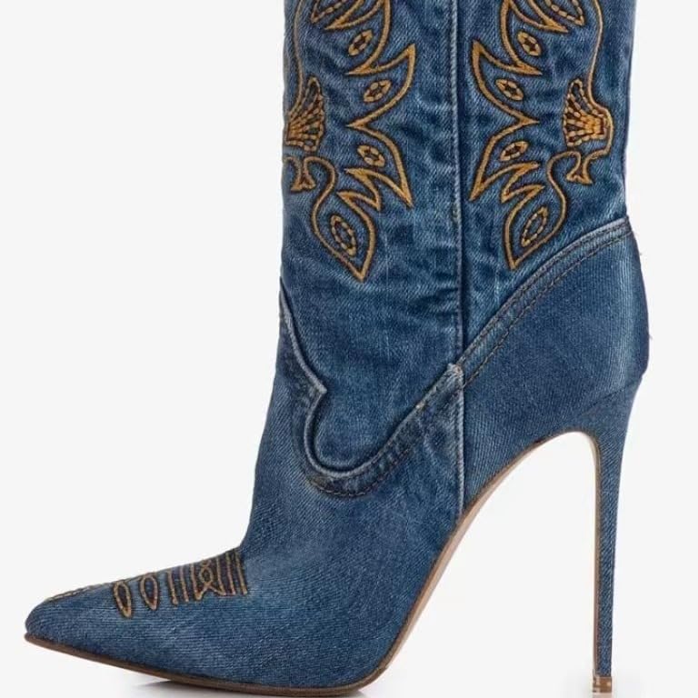 Denim Embroidery Western Boots for Women Pointed Toe Stiletto Heel Comfortable and Stylish Mid Calf Cowboy Riding Boots Party Casual Boots3