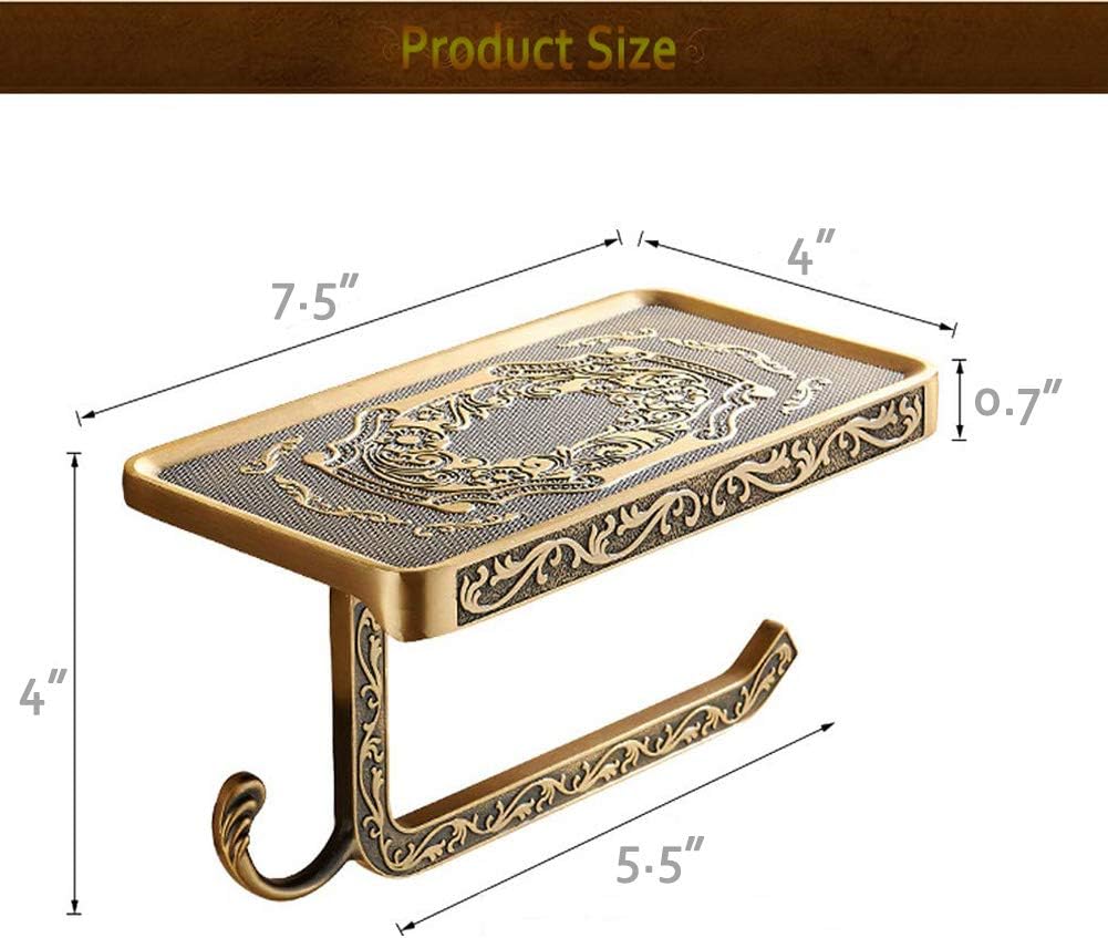 Antique Brass Carved Wall Mounted Toilet Paper Holder with Shelf and Hook