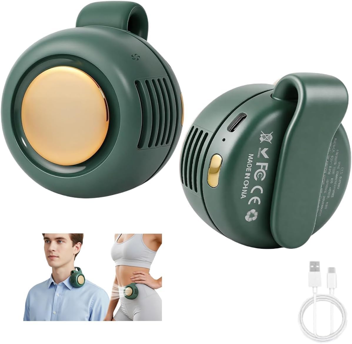 Mini ventilador eléctrico silencioso portátil sin aspas, mini ventilador sin aspas con clip,recargable por USB, silencioso,ventilador de bolsillo para la cintura y cuello, ideal para exteri (Verde)