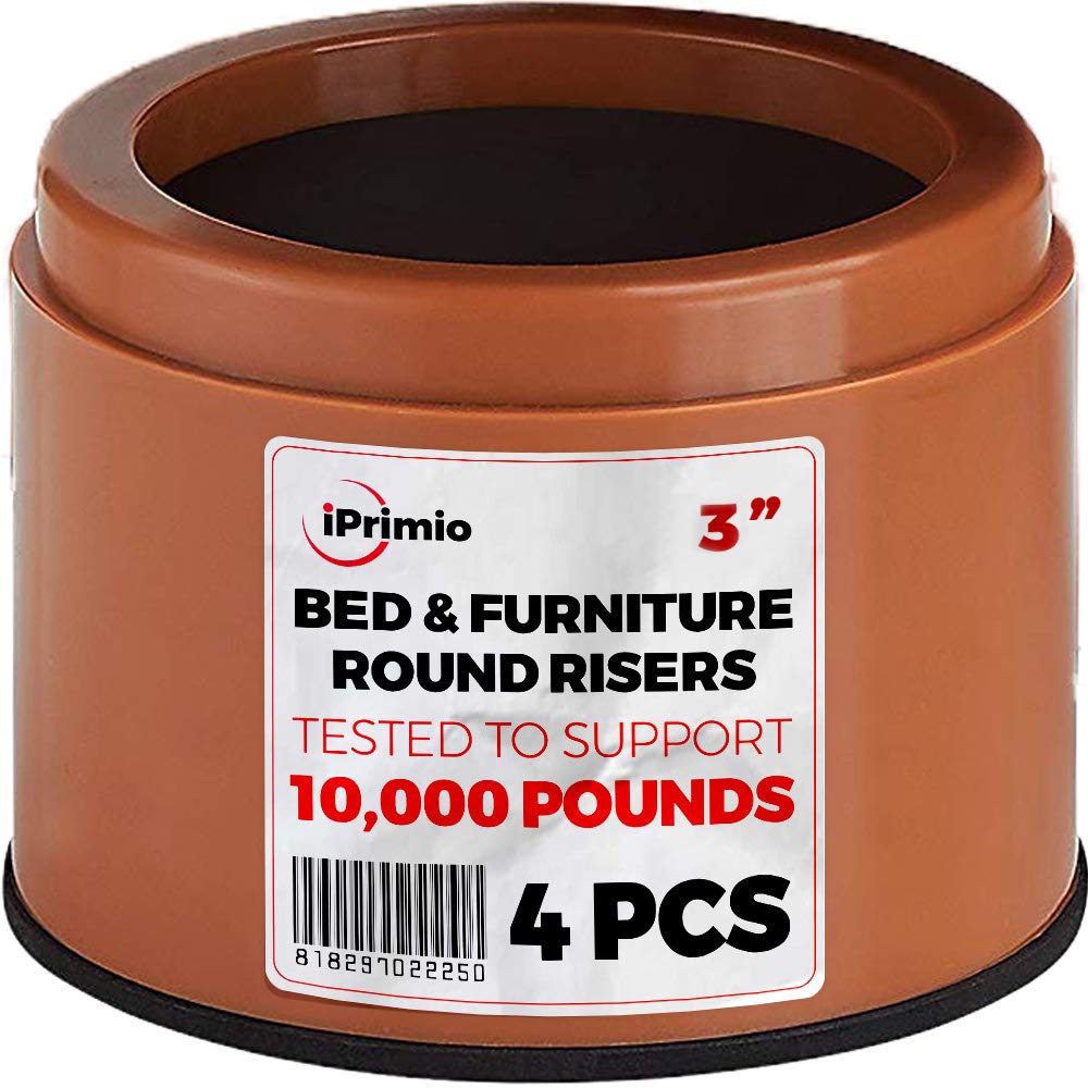 iPrimio Bed Risers - Round, 3 Inch Lift, Heavy Duty, 4 Pack, Up to 10000lbs - Bed Raising Blocks, Furniture Risers - Safe, Sturdy Bed Lifts for College Dorm Rooms, Couches, Tables, Desk Riser