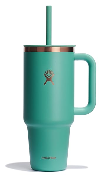 Hydro Flask Travel Tumbler with Handle, Lid and Straw - Insulated Stainless Steel in 40 Oz Thyme Green Rose Gold