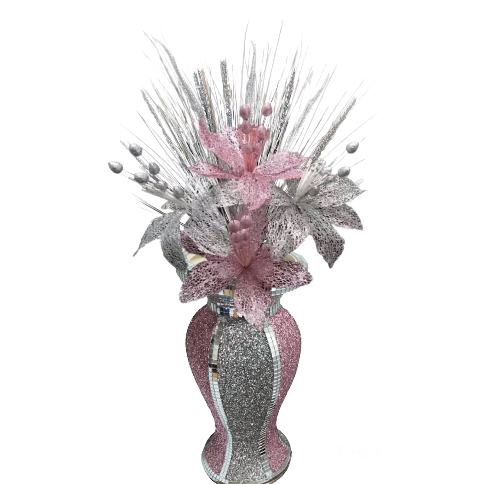 Silver Petals - Pink Silver Vase With Flowers Mosaic Crushed Crystal Romany Bling Decor 30cm