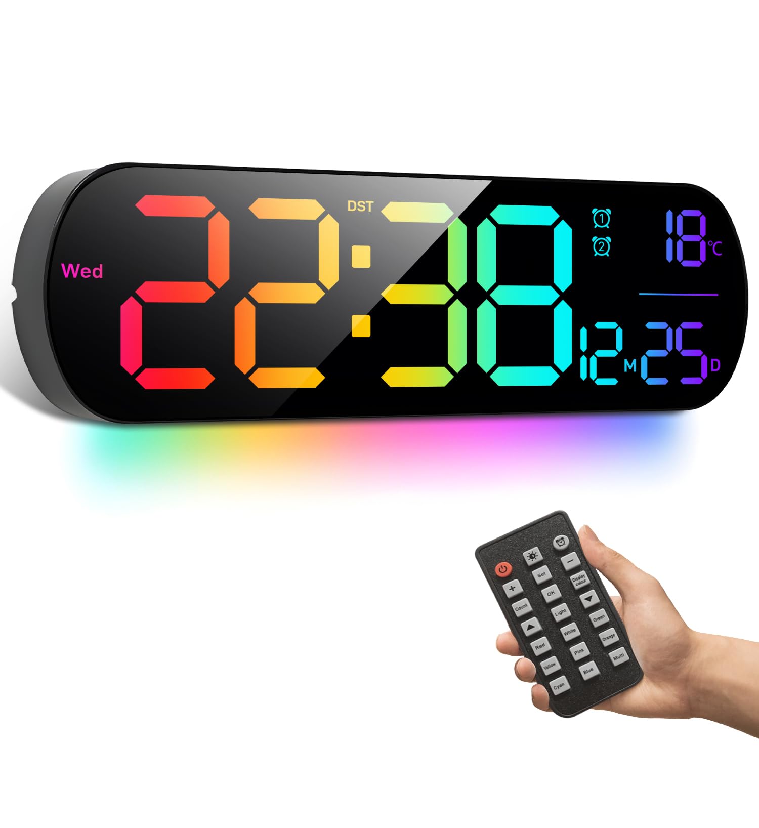 Grande horloge murale numérique de 30,5 cm avec compte à rebours, réveil, grande LED, 11 couleurs RVB, affichage de l'heure d'été et de la température pour salon, salle de classe, bureau, Noël et