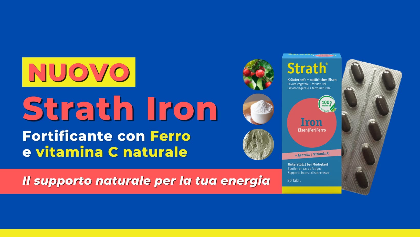 Strath Iron - Integratore con plasmolisato vegetale, ferro naturale, vitamina C da acerola - Elevata biodisponibilità, ottima tollerabilità, insapore - 30 compresse