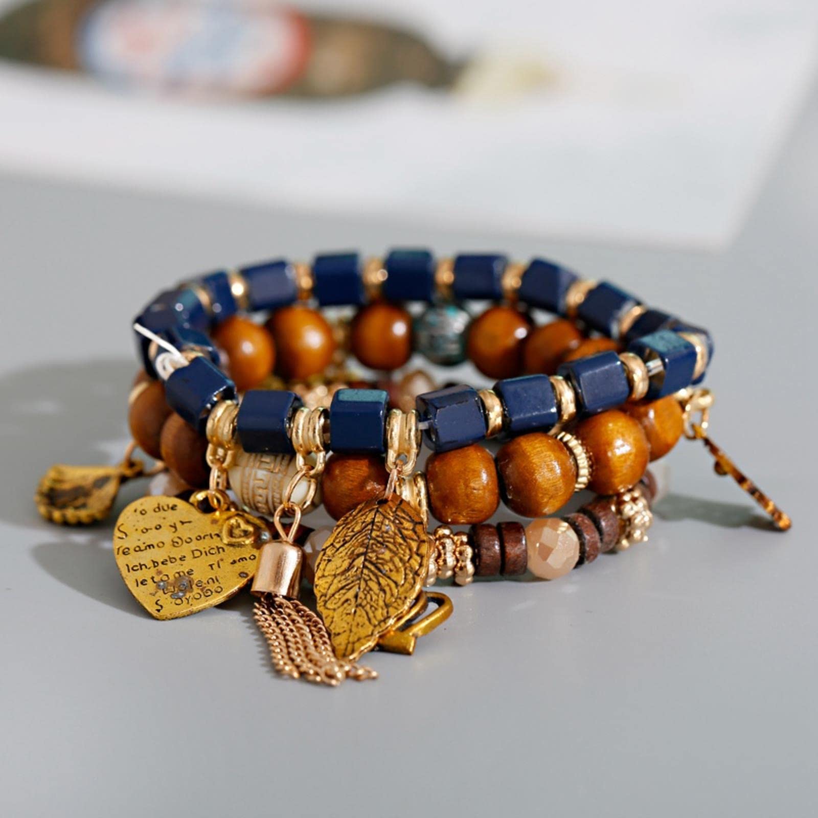 2 Naturstein Armbänder Damen - Perlenarmband Mit Herzanhänger Retro