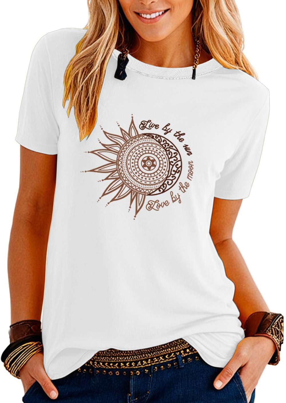 Teesho Damenblusen Sommer Tshirt Bedruck Tops Casual Tunika Shirt Oberteil Locker Longshirt
