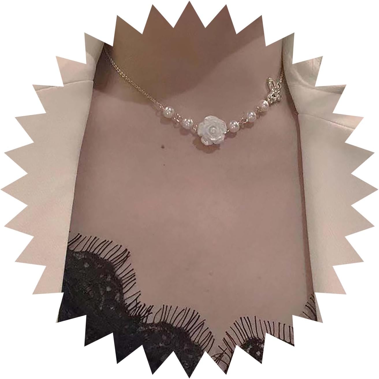 Boho Pearl Flower Choker Necklace Camellia Flower Necklace Chain Gold Pearl Choker Necklace Cz Crystal Butterfly Chain Necklace Jewelry for Women