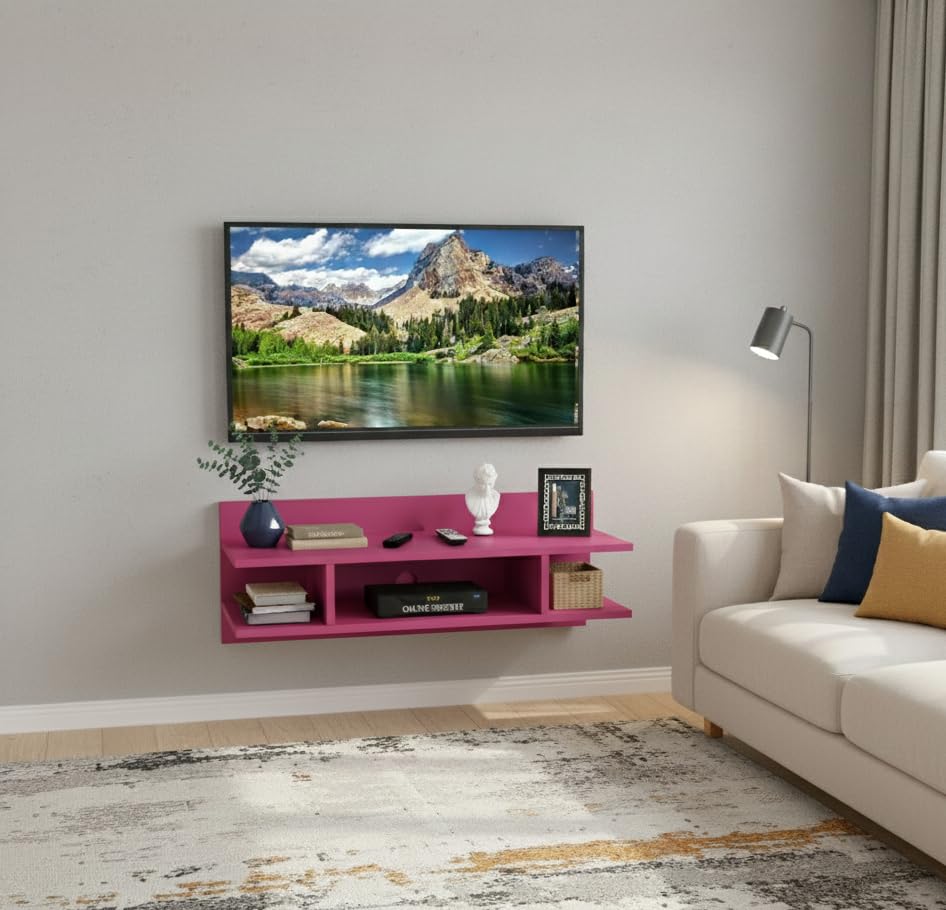 Image of Engineered Wood Set Top Box Stand | Wall Mounted TV Unit Shelf for Router, WiFi, DVD, Gaming Console | Sturdy & Space Saving TV Accessory Organizer (Brown, 50 x 20 x 15 cm) (Pink)