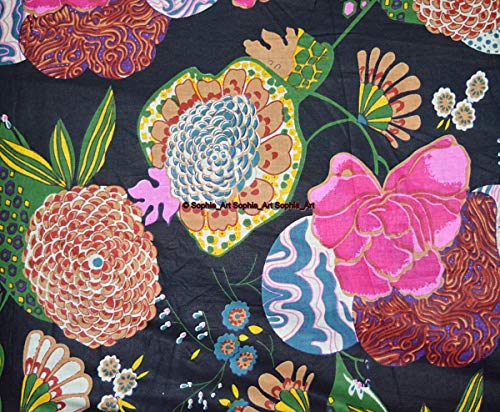 Image of Indian Hand-Block Printed Jaipuri Print Tropical Paisley Floral Ethnic Sanganer Kurti Print Cotton Fabric (Black Tropical, 15 Yards)
