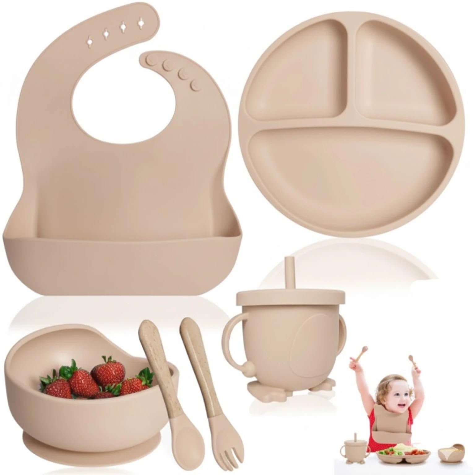 6-Piece Silicone Baby Feeding Set Non-Slip Suction Plate, Bowl, Spoon, Fork, Cup, Bib. BPA-Free, Dishwasher & Microwave Safe for Babies & Toddlers (Beige)-image-41
