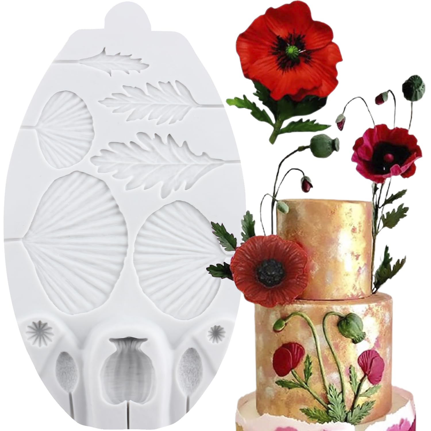 Sijiangmold Poppy Silicone Moulds Poppy Leaves Fondant Mould for Cake Decoration Chocolate Cupcake Topper Candy Polymer Clay Gum Paste