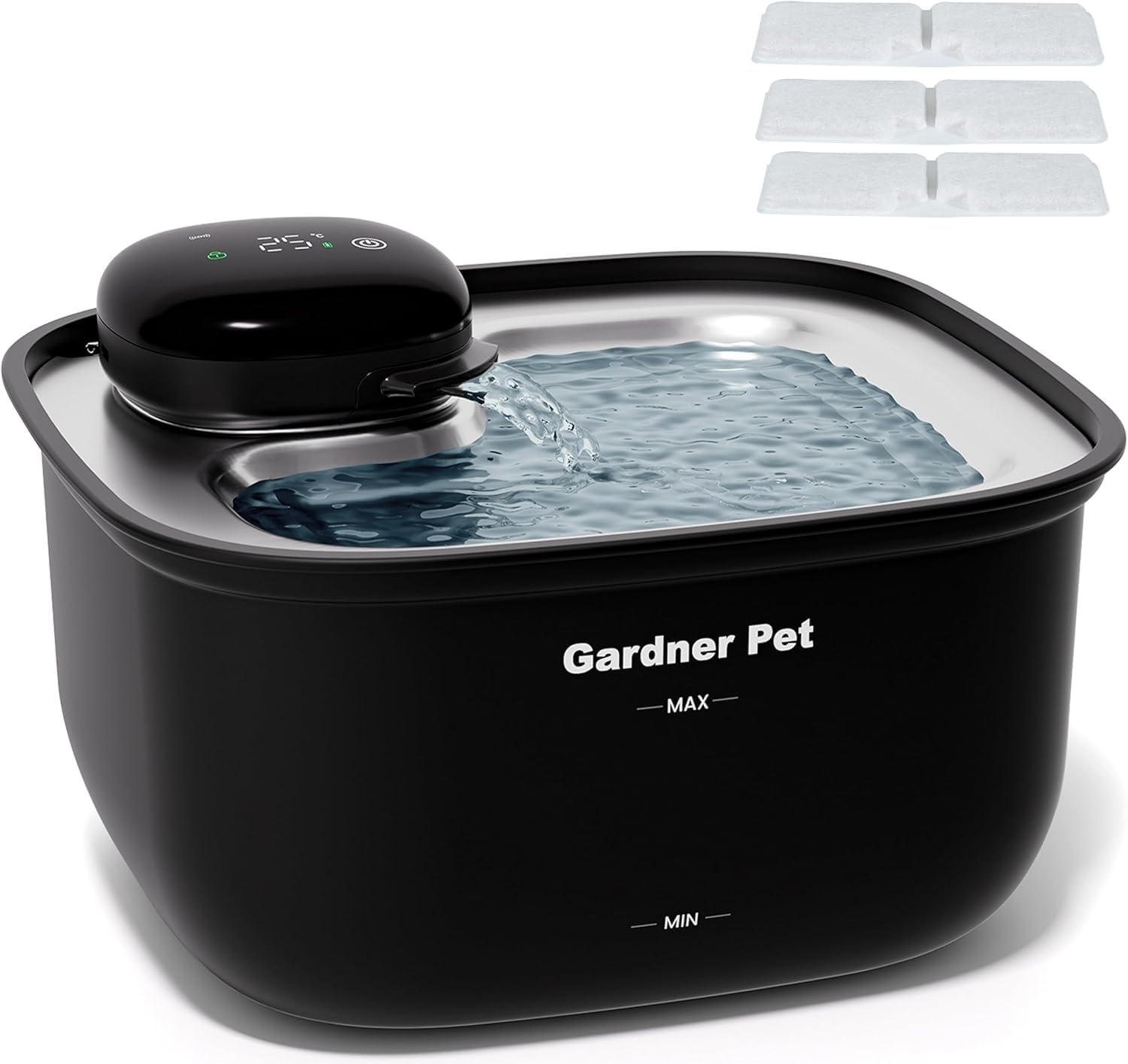 Gardner Pet Fontaine à Eau pour Chat et Chien sans Fil en Acier Inoxydable 3.78L, Distributeur d'eau Automatique à Pile avec Capteur de Mouvement, Affichage de Température et Filtration - Noir