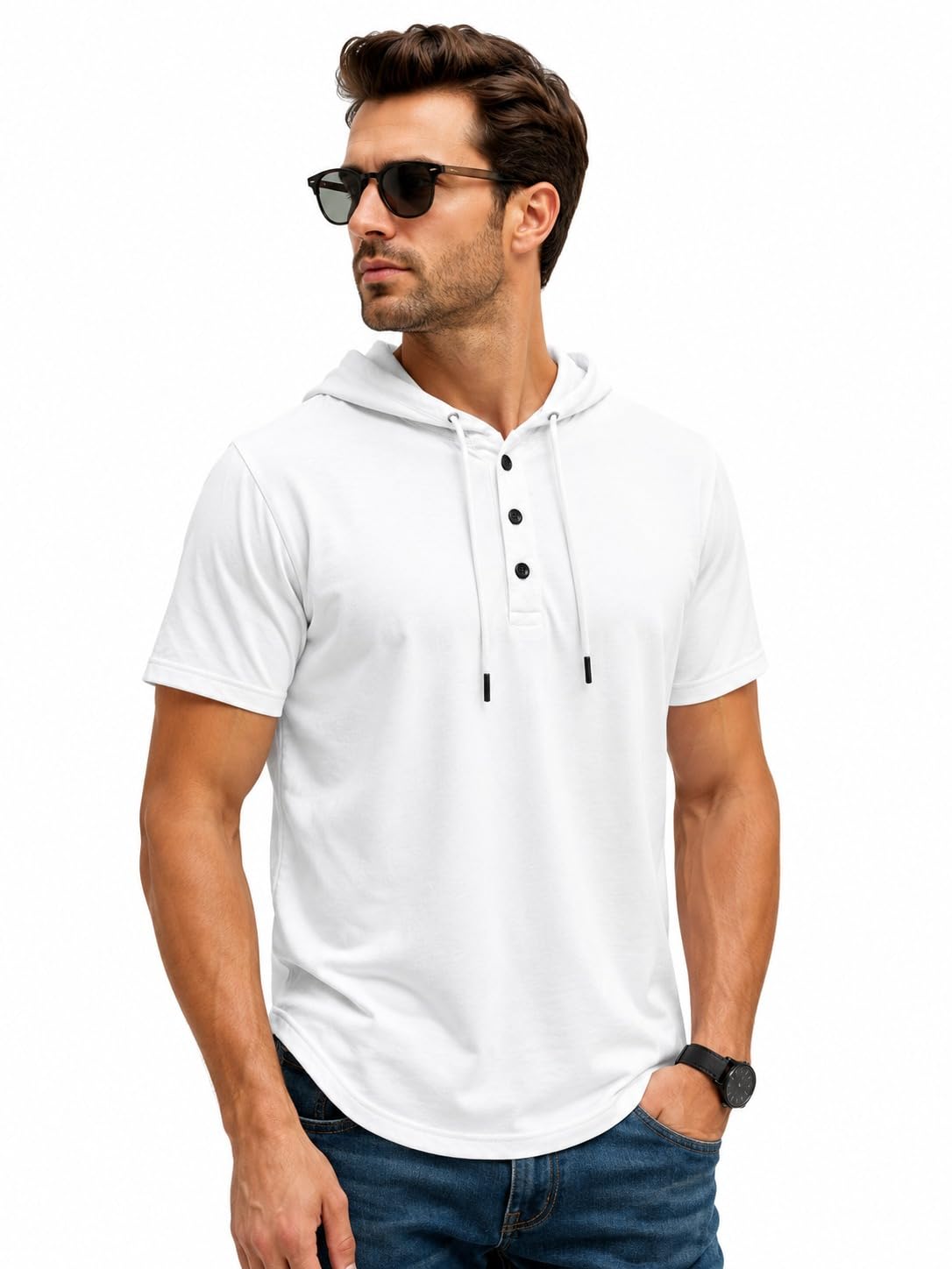 rabboni Men's Fashion Hoodie Tee, Solid Color Short Sleeve Henley Shirt, Breathable Lightweight Summer Streetwear Top-picture-15