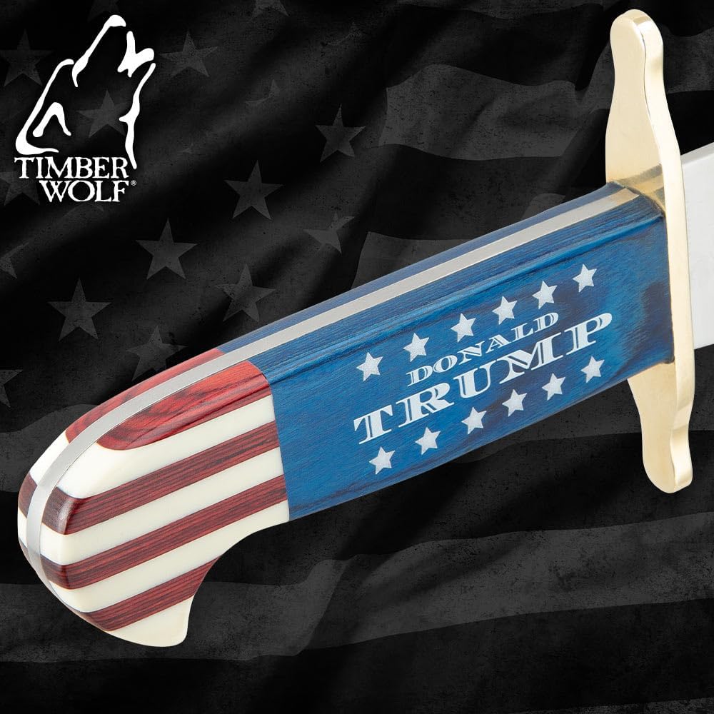 Timber Wolf Limited Edition Trump Bowie Knife | 10 1/2" Full Tang Stainless Steel Blade | Brass Handguard | Premium Leather Belt Sheath | 16" Overall