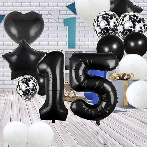 Miniatura 4 de GLZLMM Globo de cumpleaños de 15 años, decoraciones de cumpleaños número 15, globos negros de 15, suministros de fiesta de cumpleaños número 15,