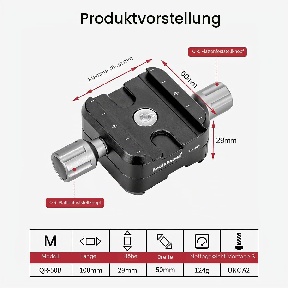 koolehaoda QR-50B Schnellwechselplatte Klemme Doppelklemmadapter kompatibel für Arca Swiss Plate RRS Rail Plate Nodal Slide Subtend
