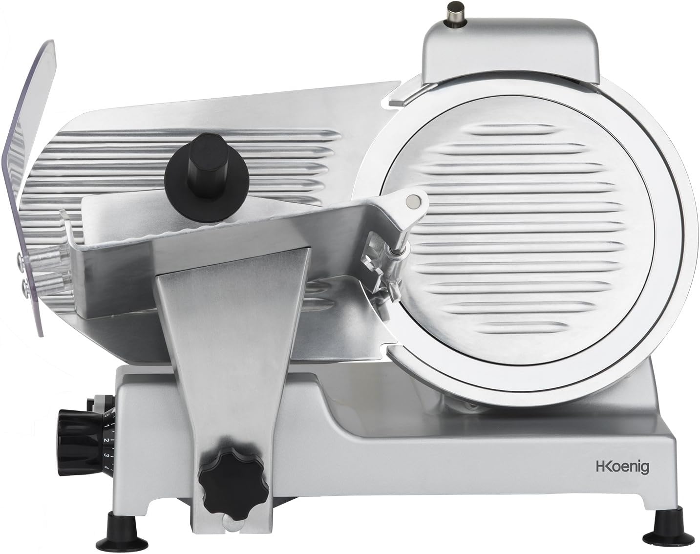 H.​Koenig MSX250 Affettatrice elettrica professionale, affettatrice per prosciutto, lama da 25 cm, taglio regolabile 0-​12 mm, affilatoio integrato, ampia superficie di taglio, 282 giri/​min – Argento