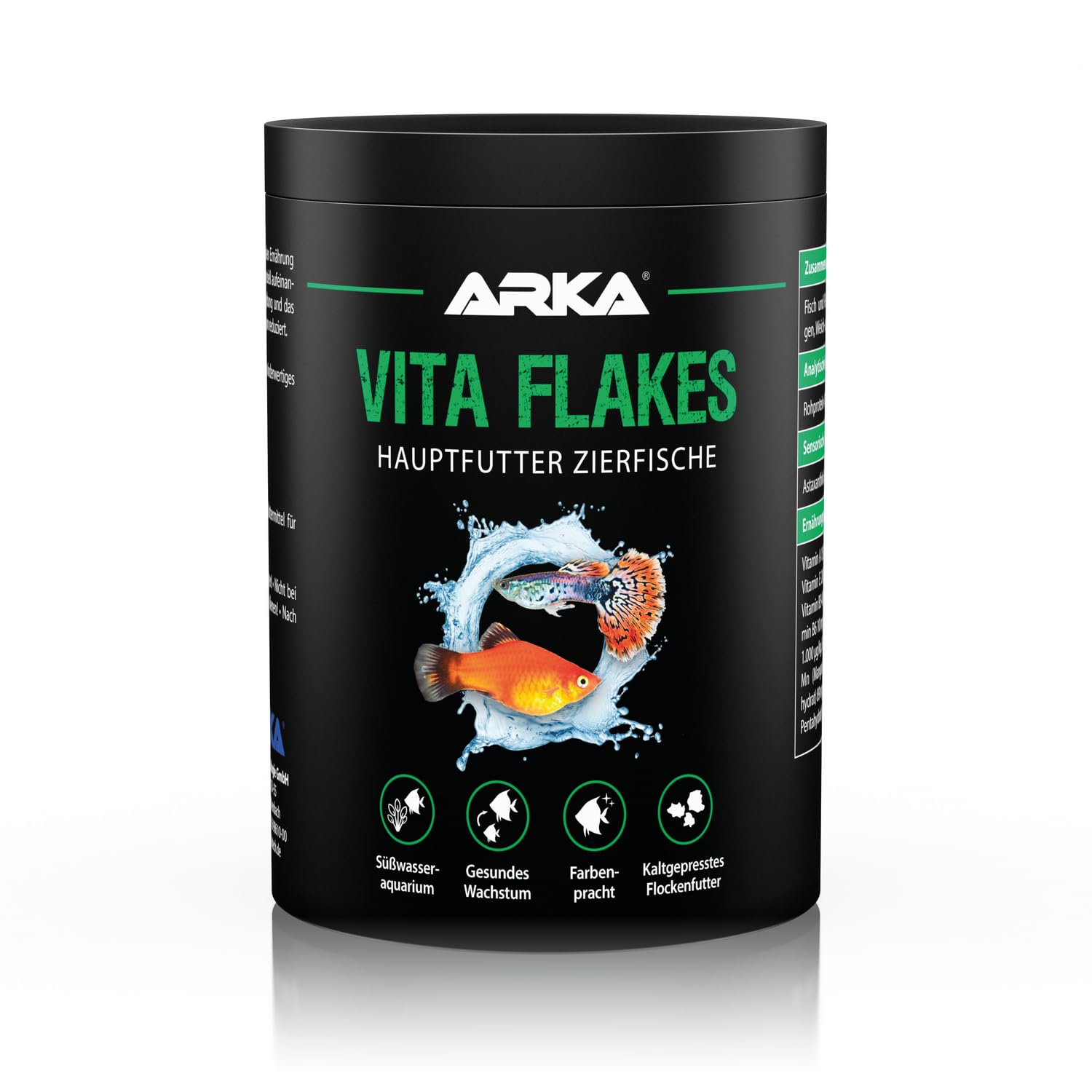 Zierfisch Flockenfutter 1000 ml – kaltgepresstes Alleinfutter für Süßwasseraquarien – unterstützt Vitalität, Wachstum & Farbenpracht – ohne Spirulina – ARKA Vita Flakes