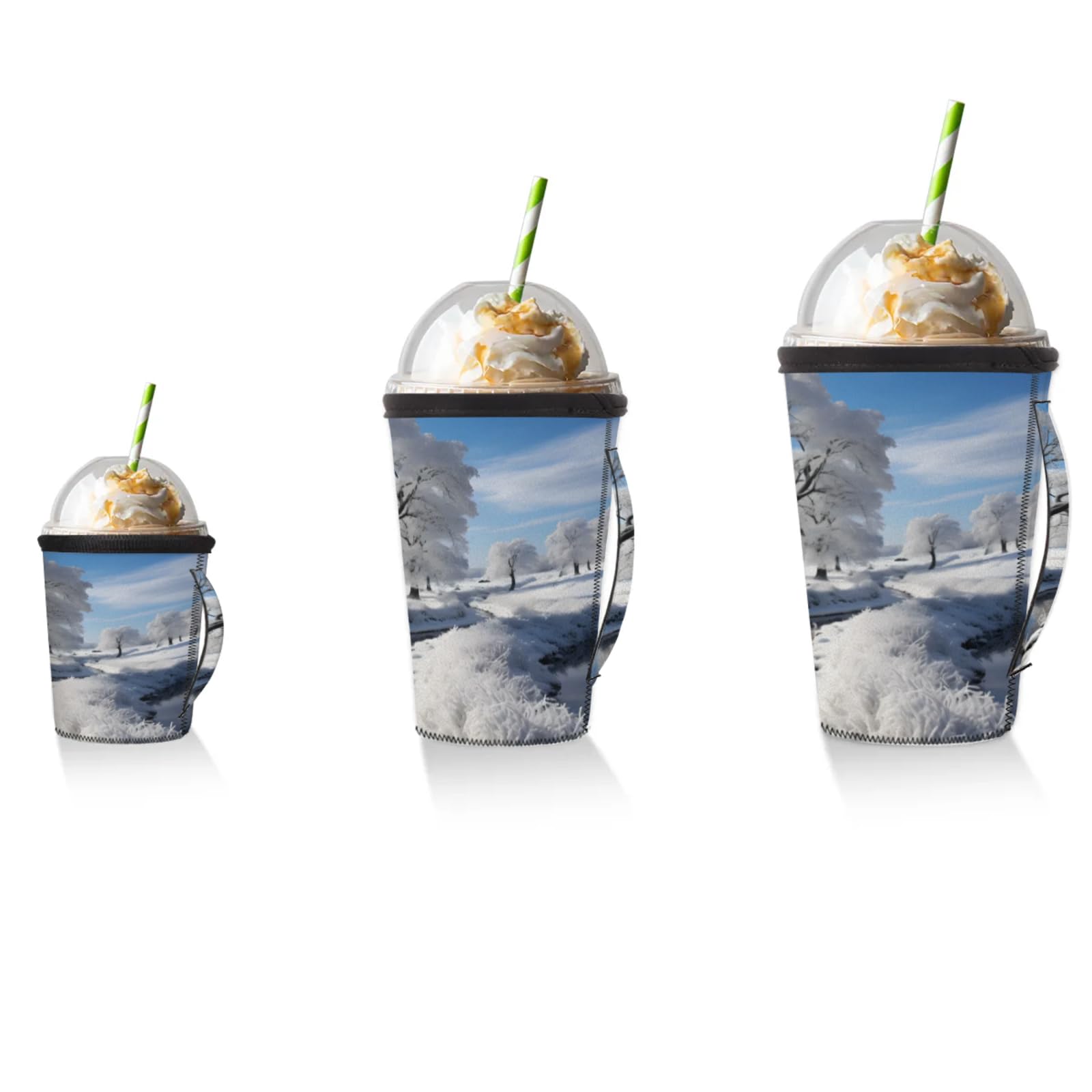 Snowy Tree Rivers Reusable Neoprene Coffee Sleeve with Handle Insulated Iced Coffee Cup Holder Reduces Condensation Fits 24-28 oz Cups M