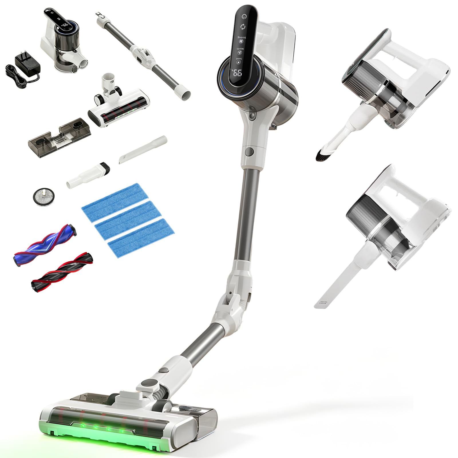 Aspirateur Balai Sans Fil, 15 000 Pa/40 000 RPM/30 Min, Aspirateur Laveur Autoportante avec Tube Pliable, Lumière Verte, Filtration Anti-Allergènes, pour Poils d'Animaux, Tapis, Sols Durs, Voiture