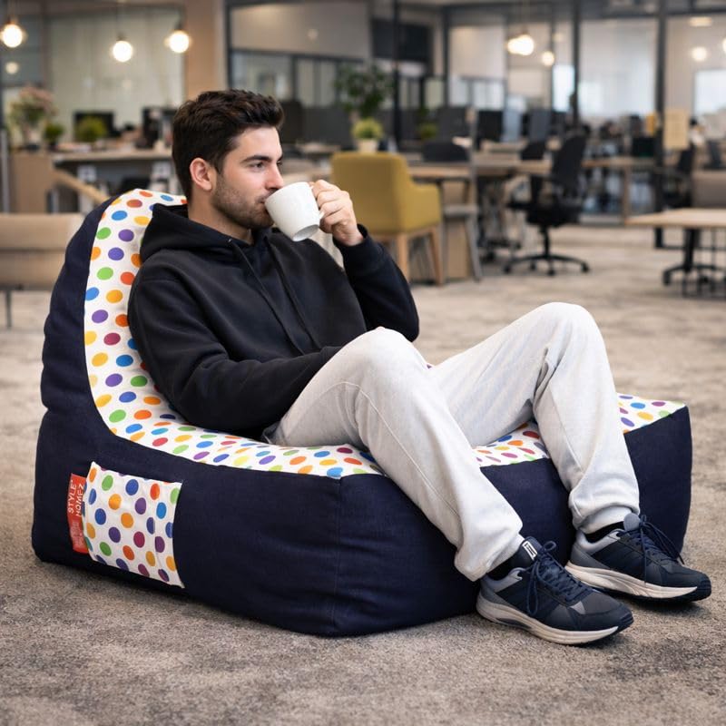 Image of Style Homez Urban Design Denim Canvas Polka Dots Printed Chair Bean Bag XXL Size Filled with Beans Fillers