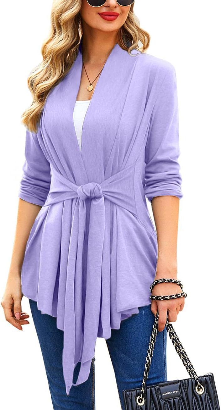 ACEVOG Women's Drape Front Open Cardigan Long Sleeve Oversized Cardigan Sweater Lilac