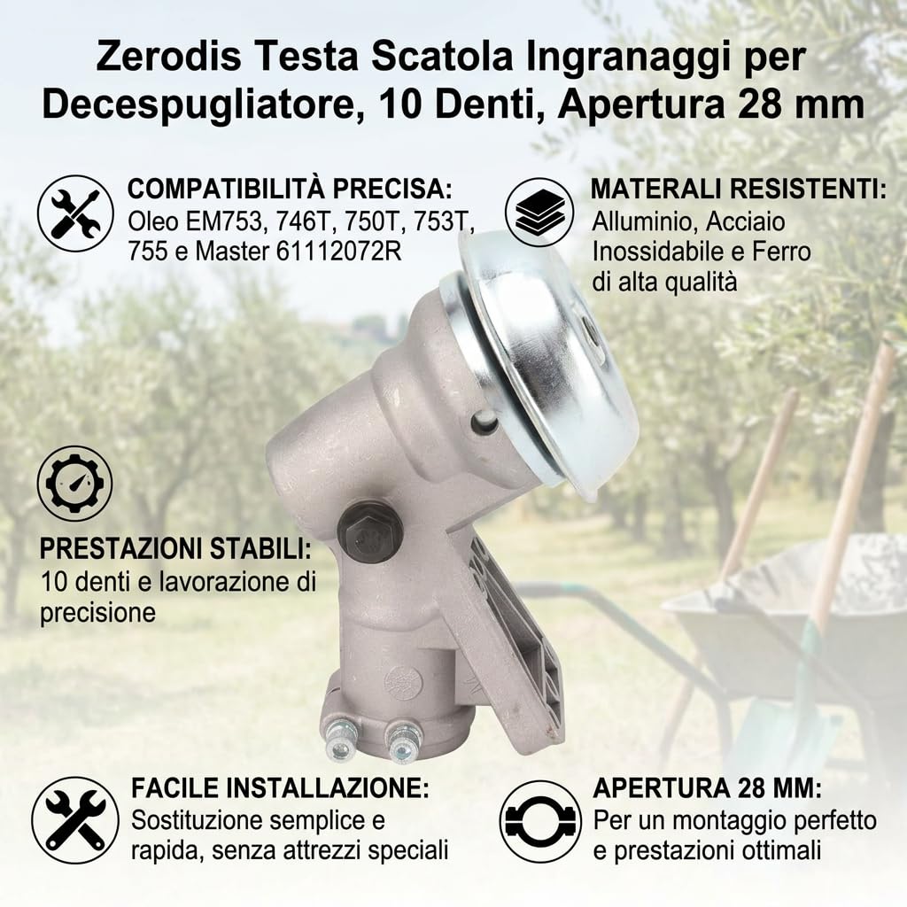 Zerodis Testa Scatola Ingranaggi per Decespugliatore, 10 Denti, Apertura 28 mm, Compatibile con Oleo EM753 746T 750T 753T 755, Sostituzione Diretta e Semplice