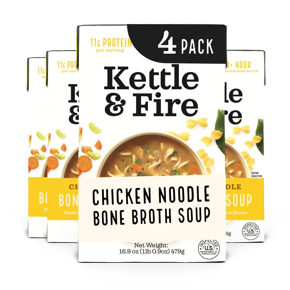 Kettle & Fire and Chicken Noodle Soup with Bone Broth, Keto Friendly, High in Protein and Collagen, 4 Pack