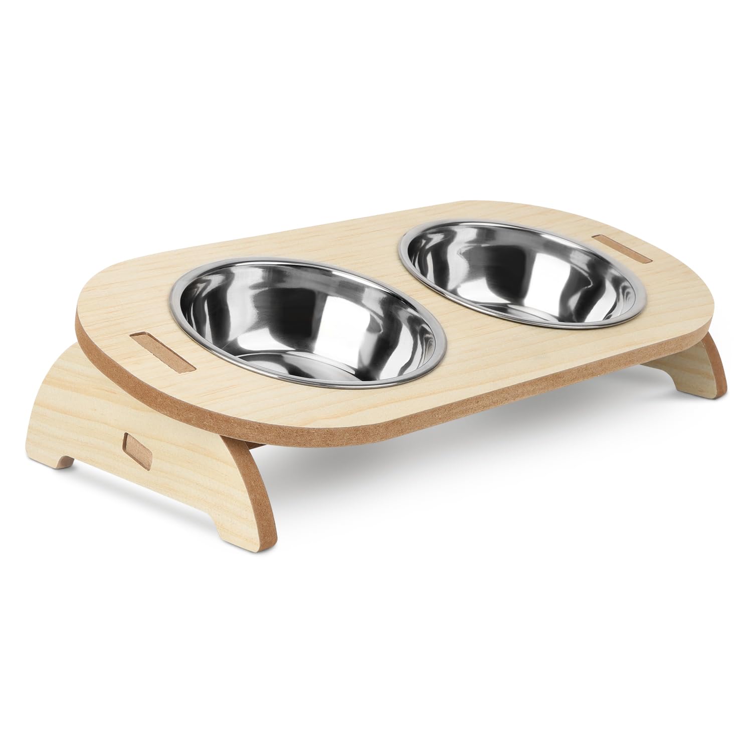 OWill Raised Cat Bowls, 15° Elevated Dog Bowls With Stand Tilted, 2 Stainless Steel Water and Food Bowl with Wooden Stand for Cats and Puppy